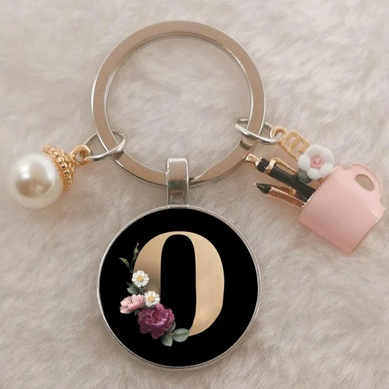Personalized A-Z Initial Letter Pearl and Flowers Keychain