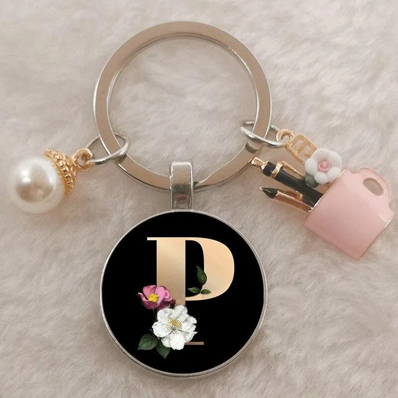 Personalized A-Z Initial Letter Pearl and Flowers Keychain