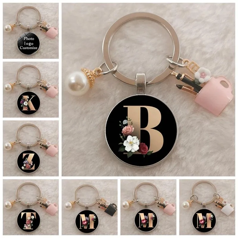 Personalized A-Z Initial Letter Pearl and Flowers Keychain