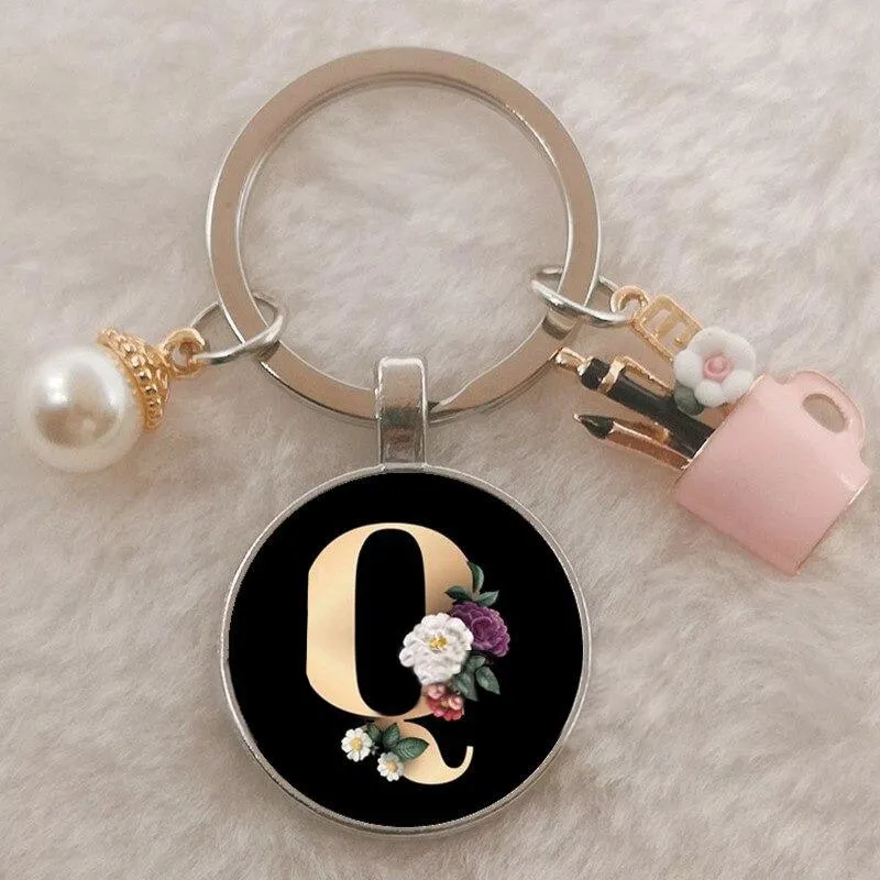 Personalized A-Z Initial Letter Pearl and Flowers Keychain