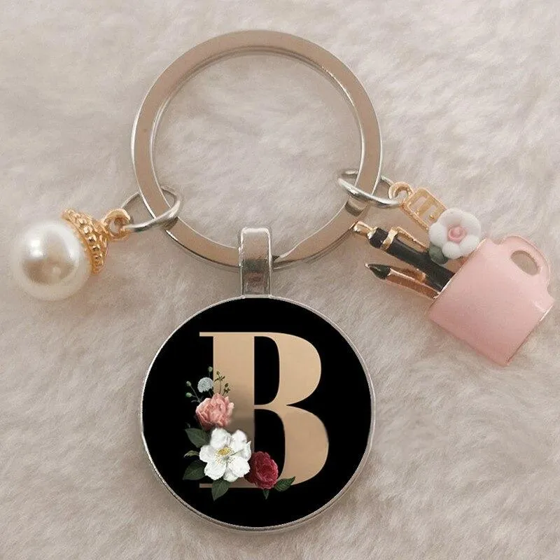 Personalized A-Z Initial Letter Pearl and Flowers Keychain