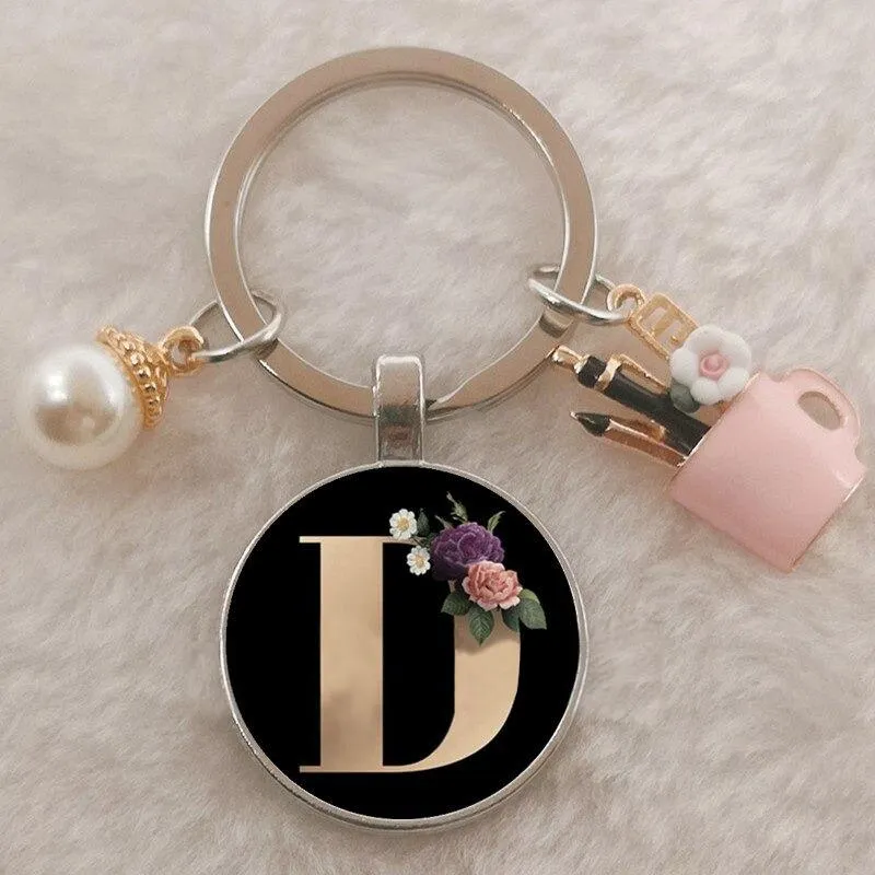 Personalized A-Z Initial Letter Pearl and Flowers Keychain