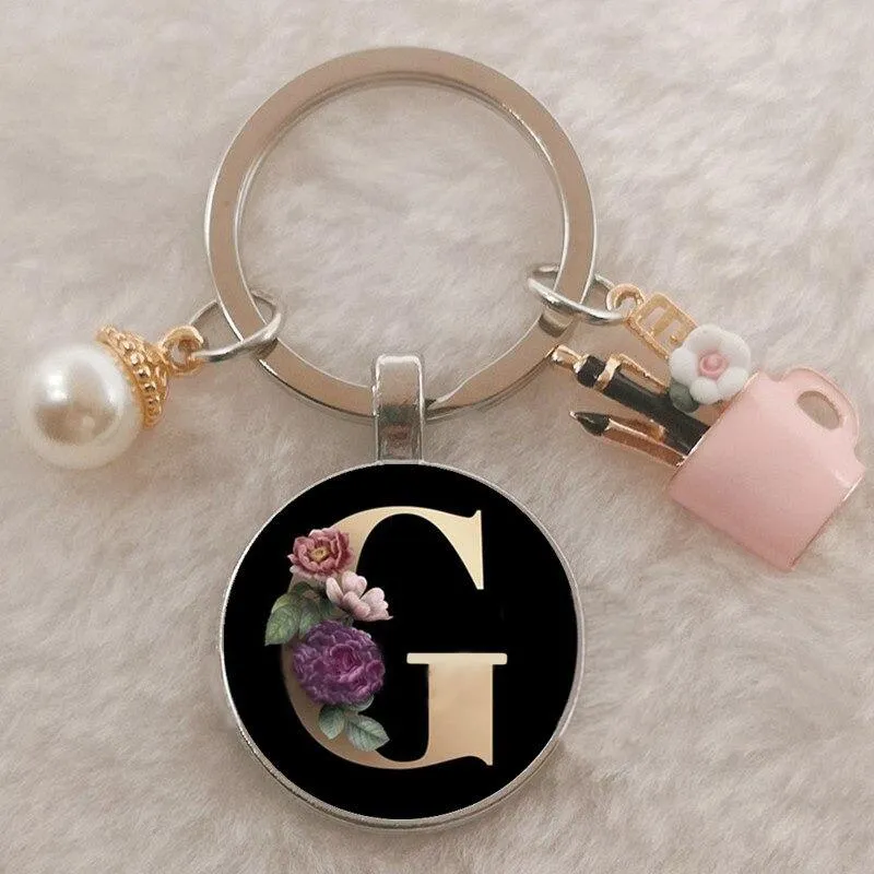 Personalized A-Z Initial Letter Pearl and Flowers Keychain
