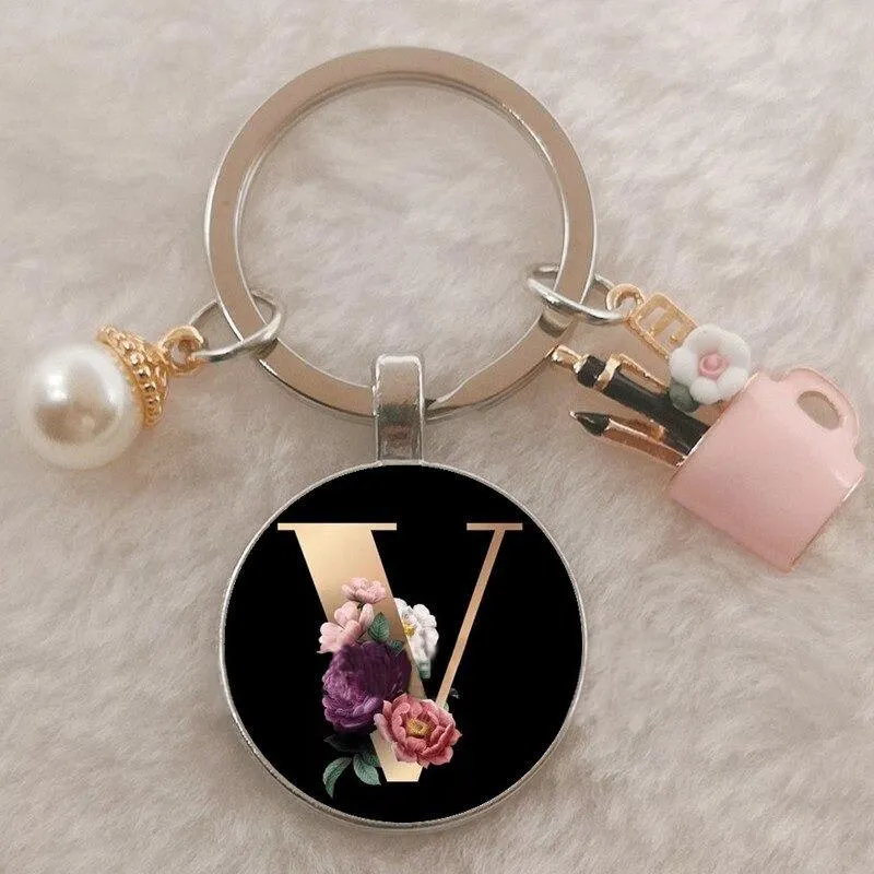 Personalized A-Z Initial Letter Pearl and Flowers Keychain