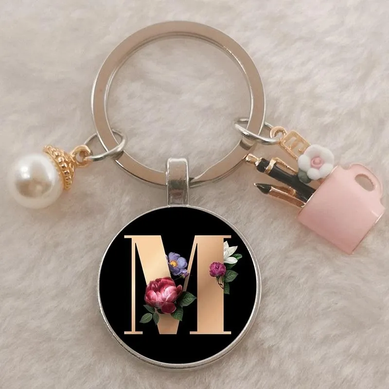 Personalized A-Z Initial Letter Pearl and Flowers Keychain