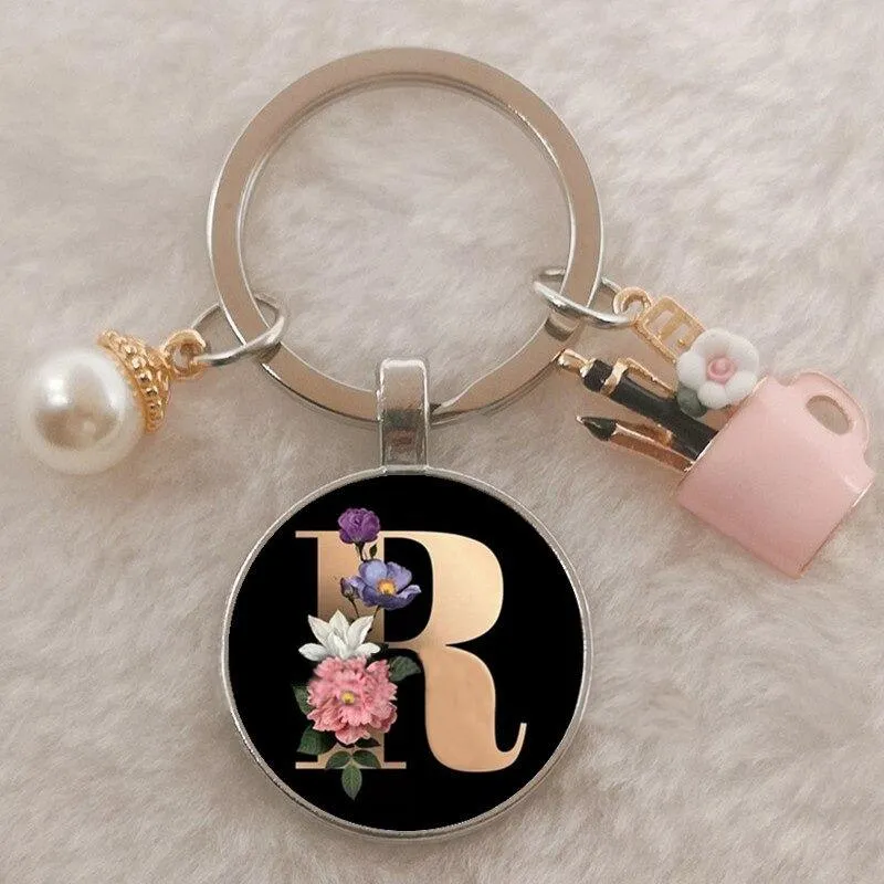 Personalized A-Z Initial Letter Pearl and Flowers Keychain