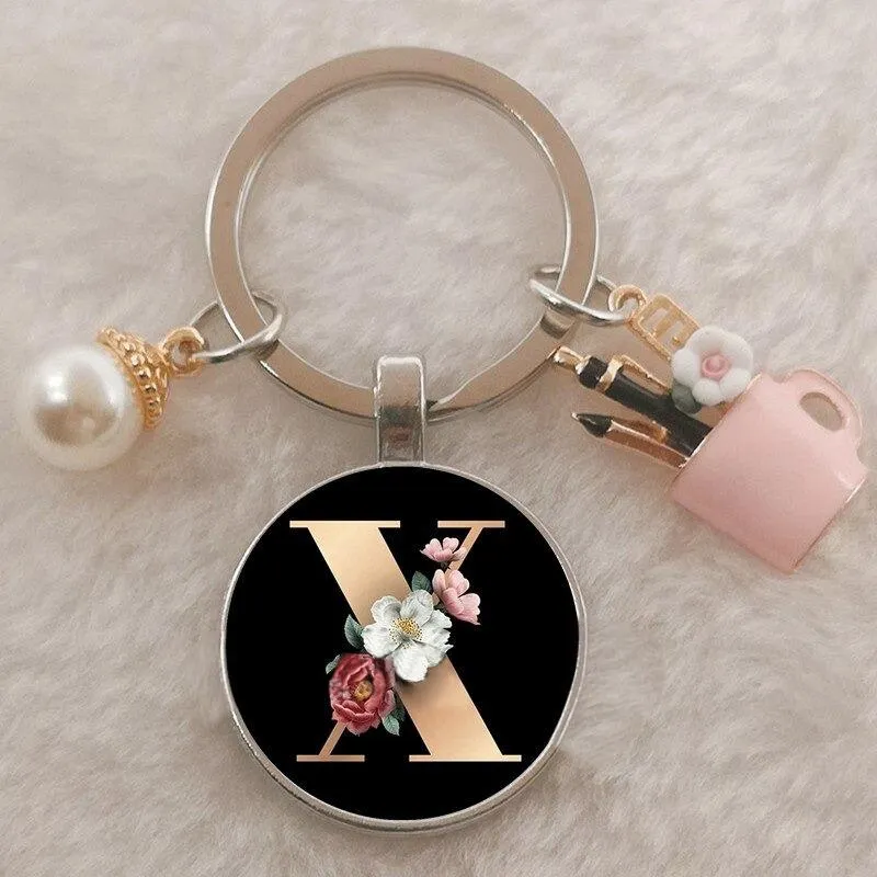 Personalized A-Z Initial Letter Pearl and Flowers Keychain