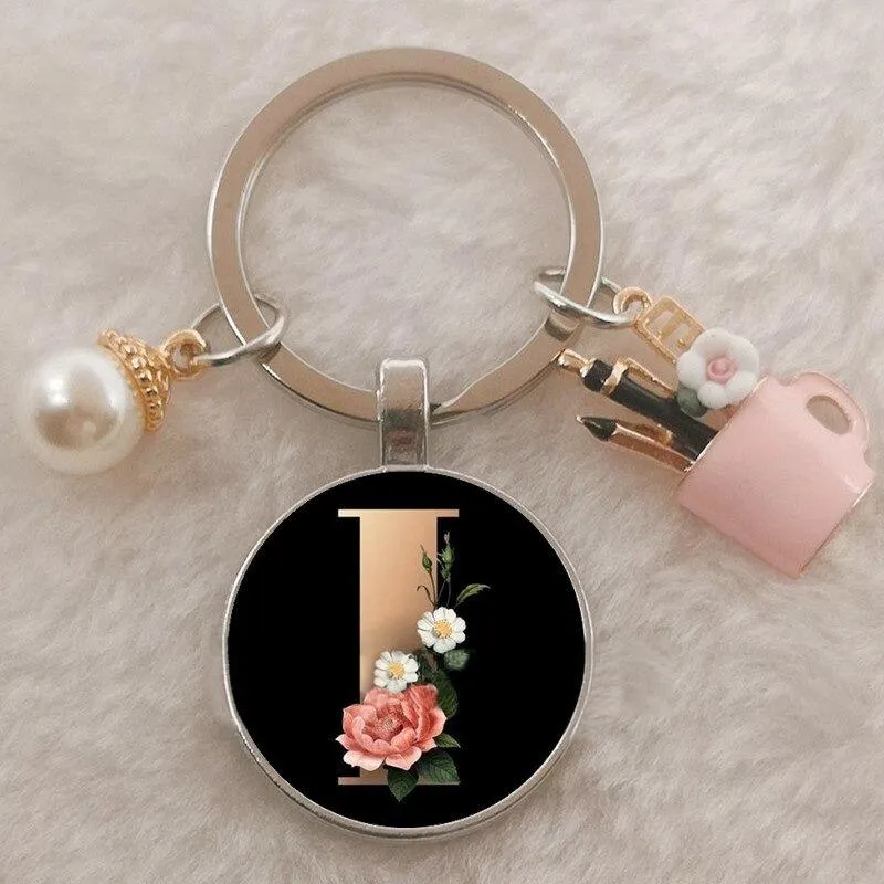 Personalized A-Z Initial Letter Pearl and Flowers Keychain