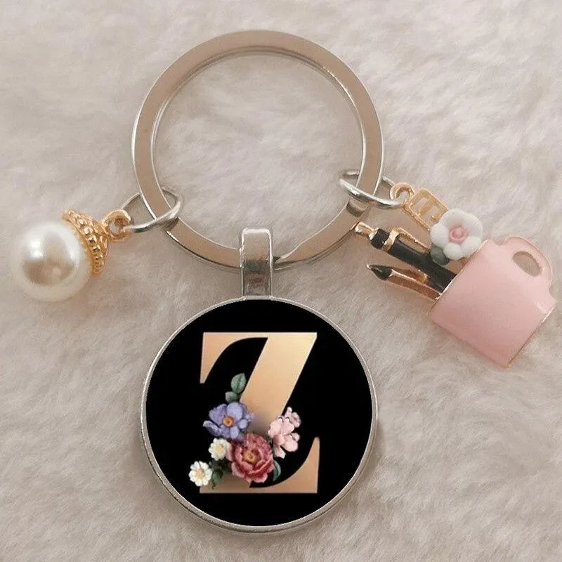 Personalized A-Z Initial Letter Pearl and Flowers Keychain
