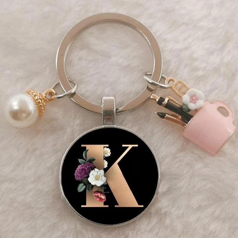 Personalized A-Z Initial Letter Pearl and Flowers Keychain