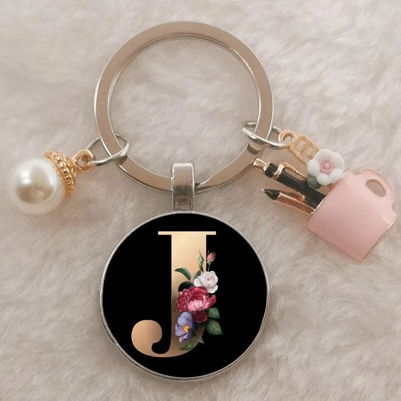 Personalized A-Z Initial Letter Pearl and Flowers Keychain