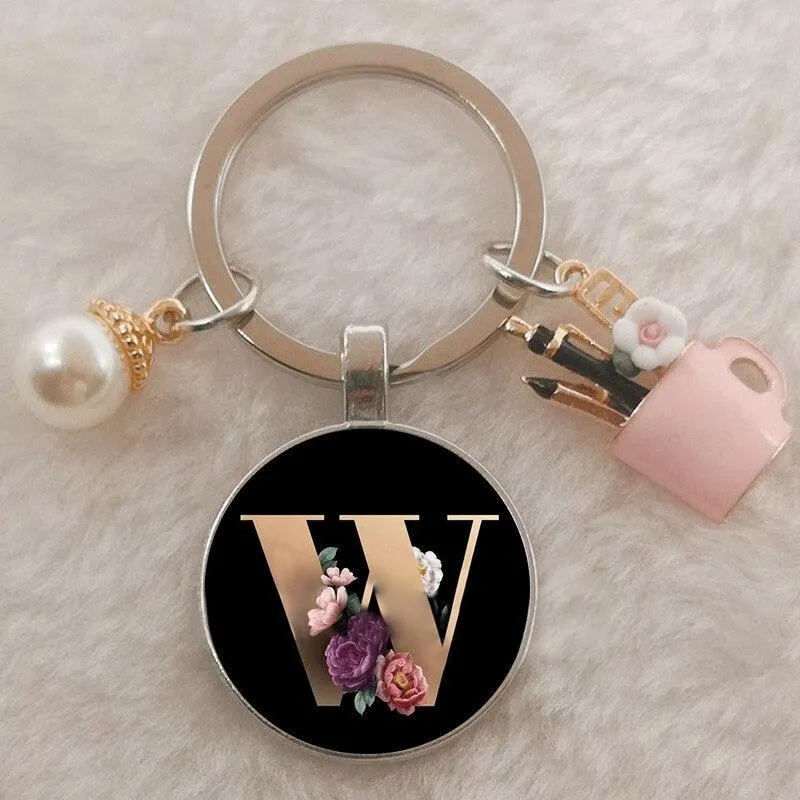 Personalized A-Z Initial Letter Pearl and Flowers Keychain