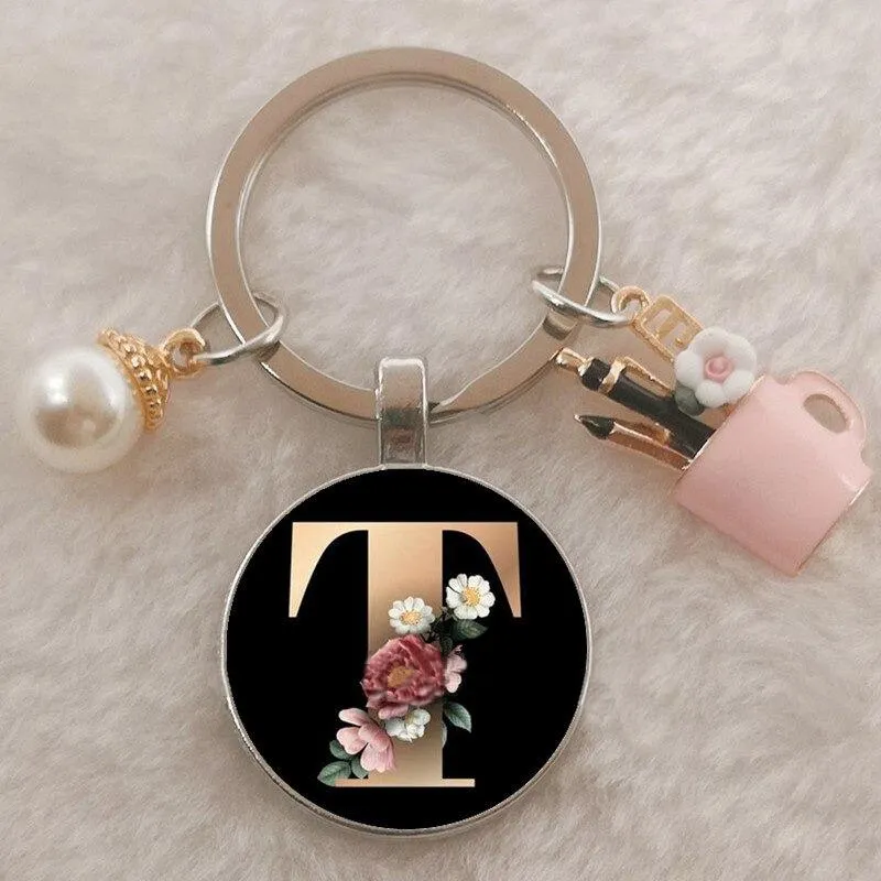 Personalized A-Z Initial Letter Pearl and Flowers Keychain