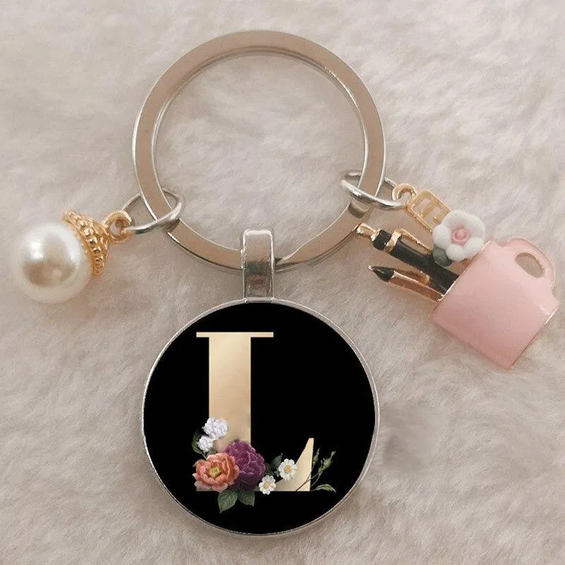 Personalized A-Z Initial Letter Pearl and Flowers Keychain