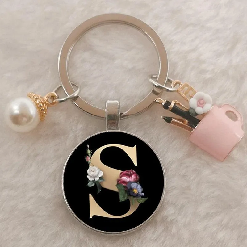Personalized A-Z Initial Letter Pearl and Flowers Keychain
