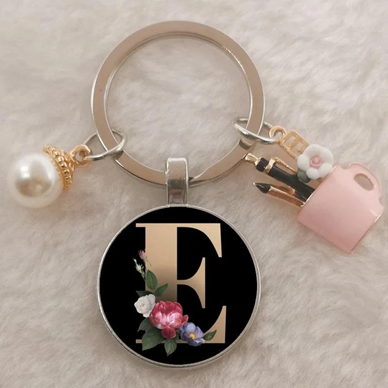 Personalized A-Z Initial Letter Pearl and Flowers Keychain