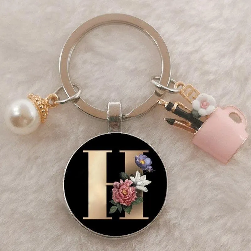 Personalized A-Z Initial Letter Pearl and Flowers Keychain