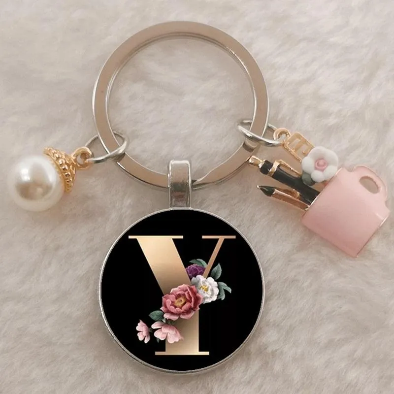 Personalized A-Z Initial Letter Pearl and Flowers Keychain