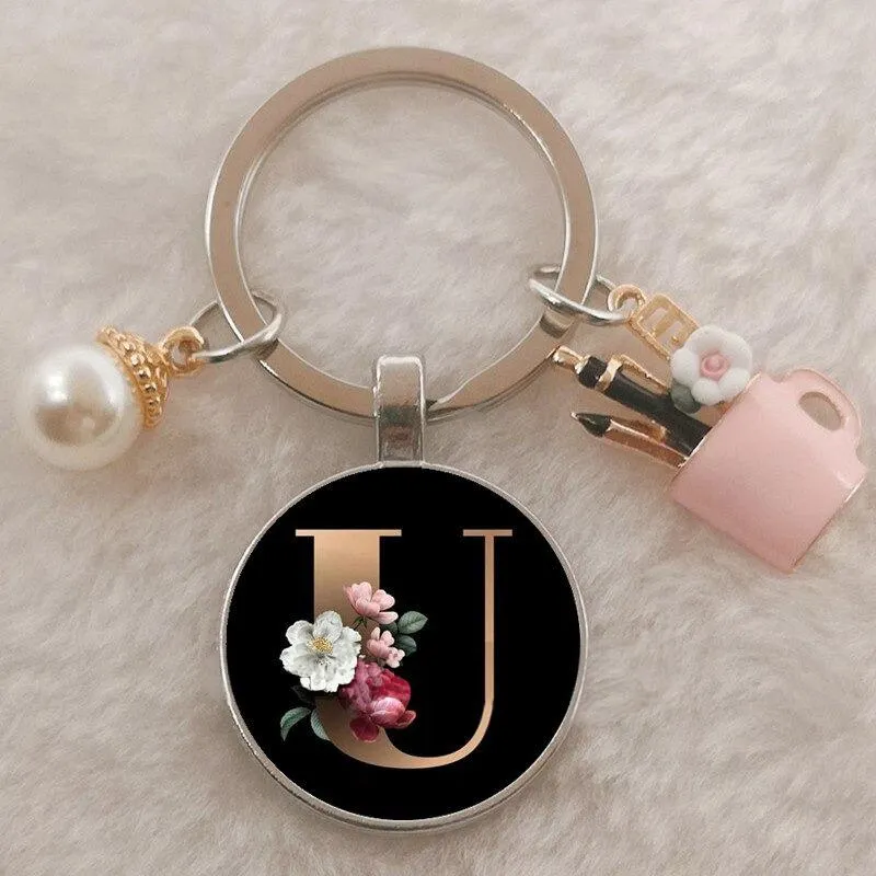 Personalized A-Z Initial Letter Pearl and Flowers Keychain