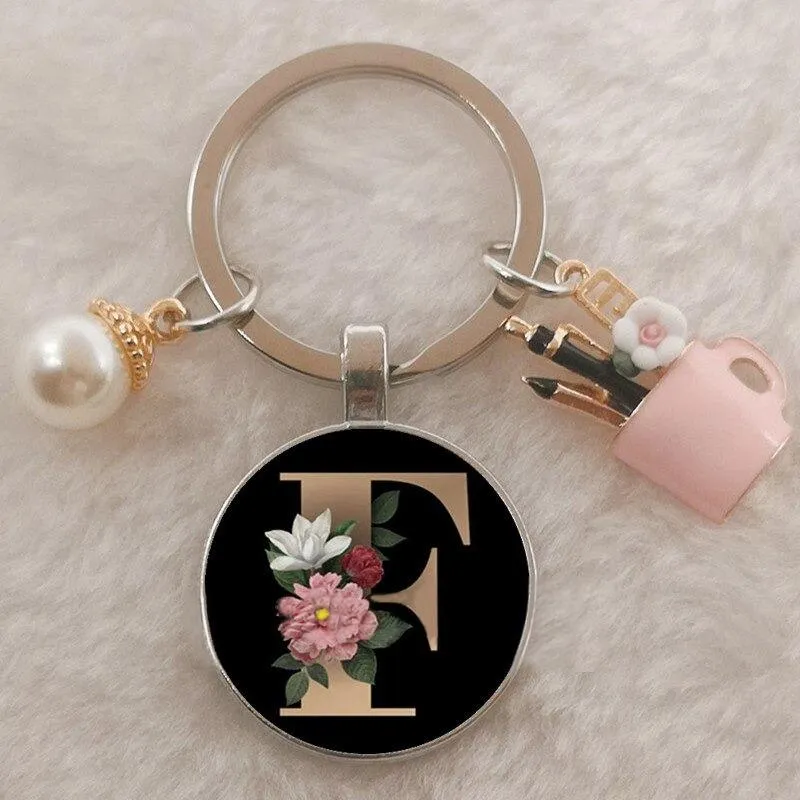 Personalized A-Z Initial Letter Pearl and Flowers Keychain