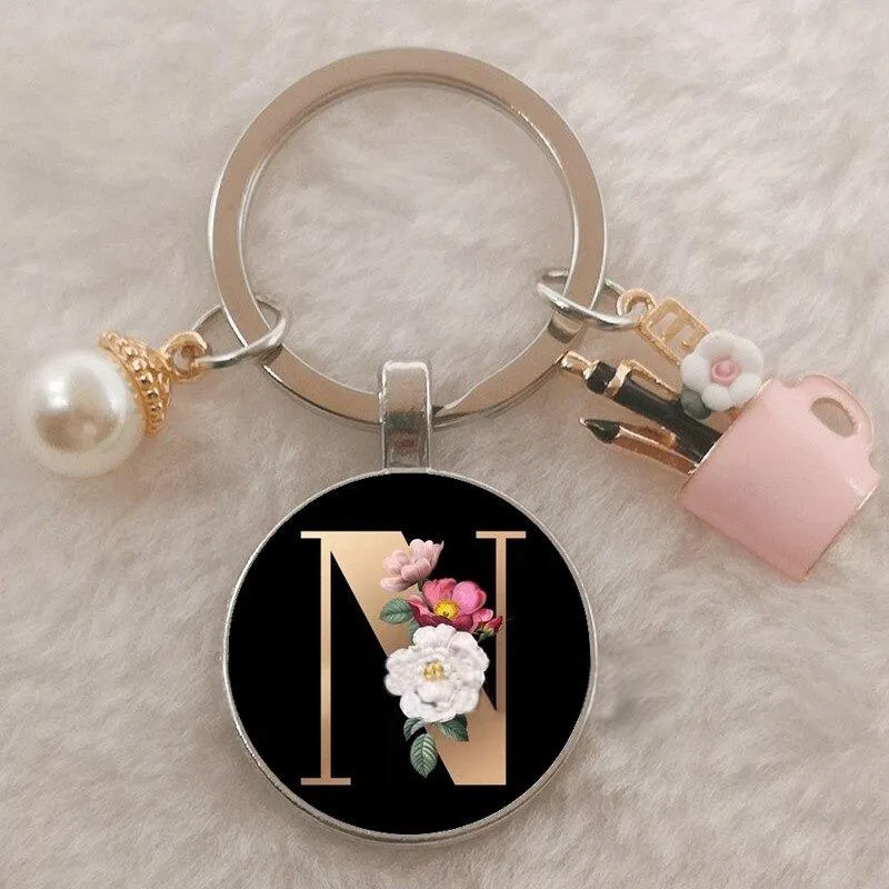 Personalized A-Z Initial Letter Pearl and Flowers Keychain