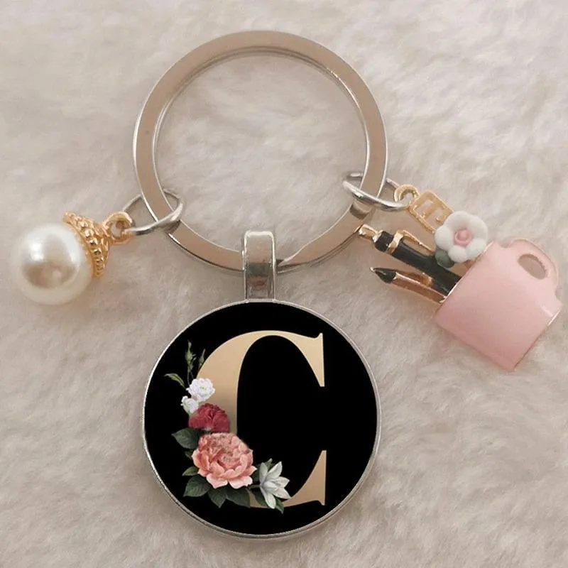 Personalized A-Z Initial Letter Pearl and Flowers Keychain